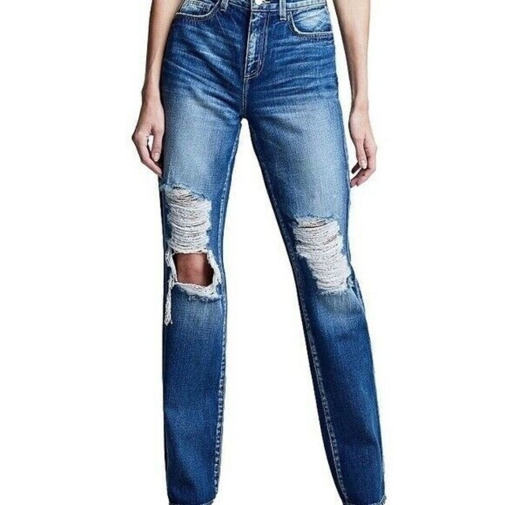 L'AGENCE High Rise Straight Leg Distressed Jeans Blue Medium Wash | Size 30